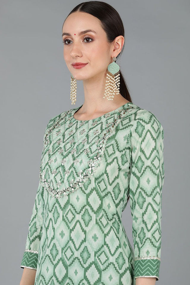 Green Cotton Gotta Patti Straight Suit Set
