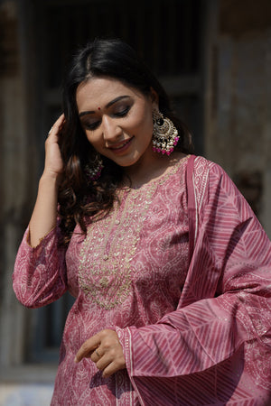 Pink Silk Blend Bandhani Print Embroidered Straight Suit Set