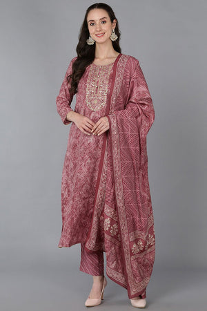 Pink Silk Blend Bandhani Print Embroidered Straight Suit Set