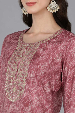 Pink Silk Blend Bandhani Print Embroidered Straight Suit Set