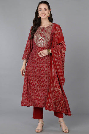 Red Silk Blend Bandhani Print Embroidered Straight Suit Set