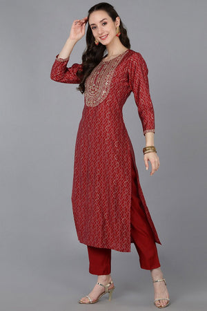 Red Silk Blend Bandhani Print Embroidered Straight Suit Set