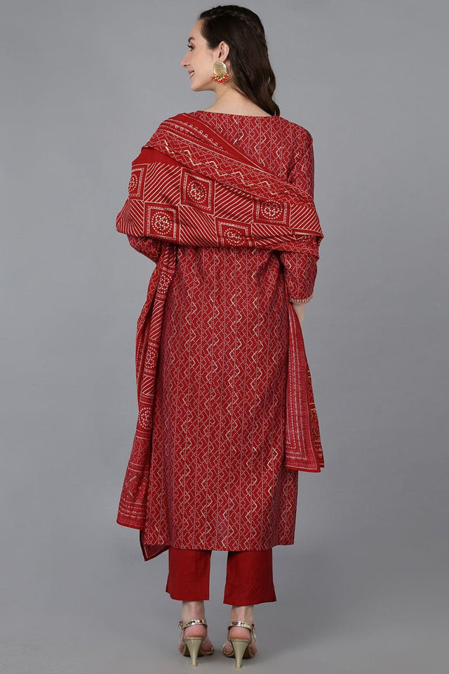 Red Silk Blend Bandhani Print Embroidered Straight Suit Set