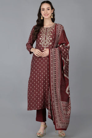 Maroon Silk Blend Geometric Straight Kurti Pant Set