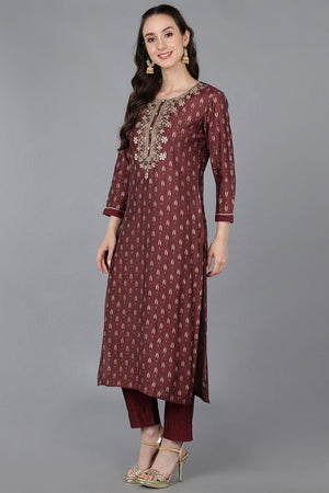 Maroon Silk Blend Geometric Straight Kurti Pant Set