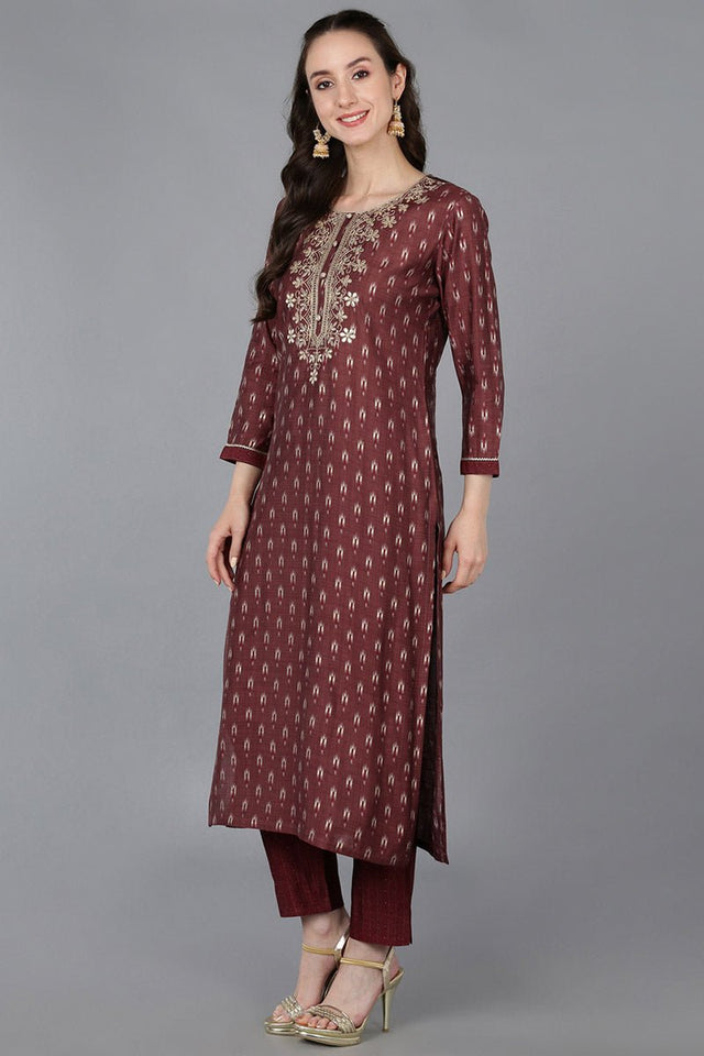 Maroon Silk Blend Geometric Straight Kurti Pant Set