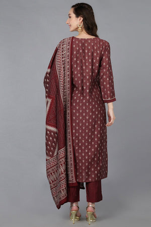 Maroon Silk Blend Geometric Straight Kurti Pant Set