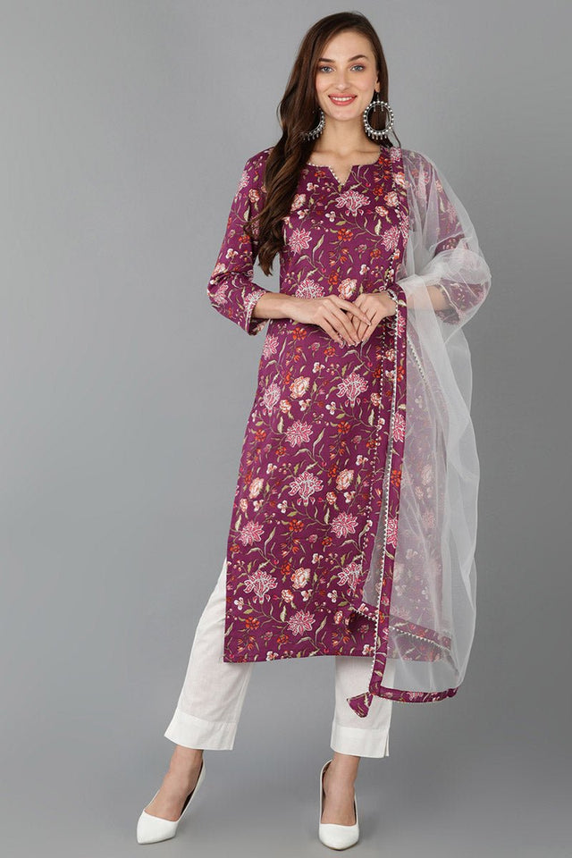 Purple Rayon Blend Floral Straight Kurti Pant With Dupatta