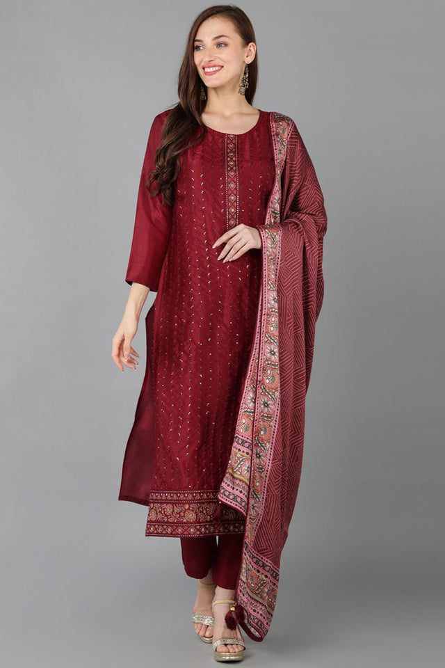 Maroon Silk Blend Straight Kurti Pant With Dupatta