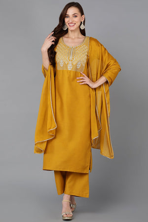 Mustard Silk Blend Straight Kurti Palazzo With Dupatta