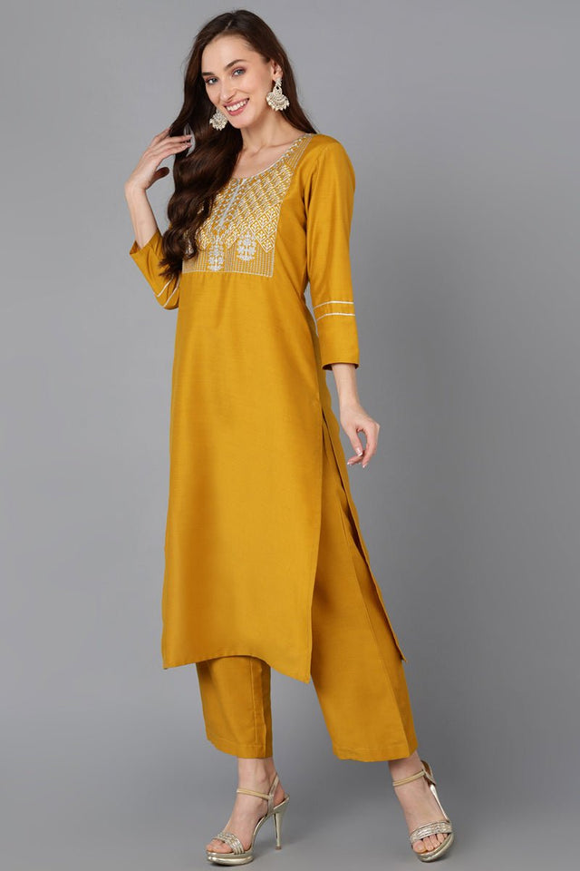 Mustard Silk Blend Straight Kurti Palazzo With Dupatta