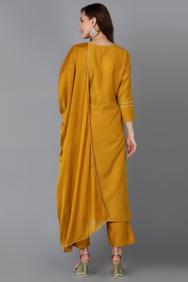 Mustard Silk Blend Straight Kurti Palazzo With Dupatta