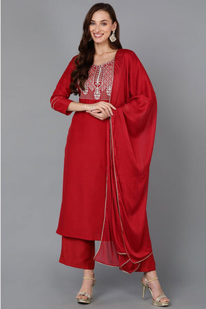 Red Silk Blend Straight Kurti Palazzo With Dupatta