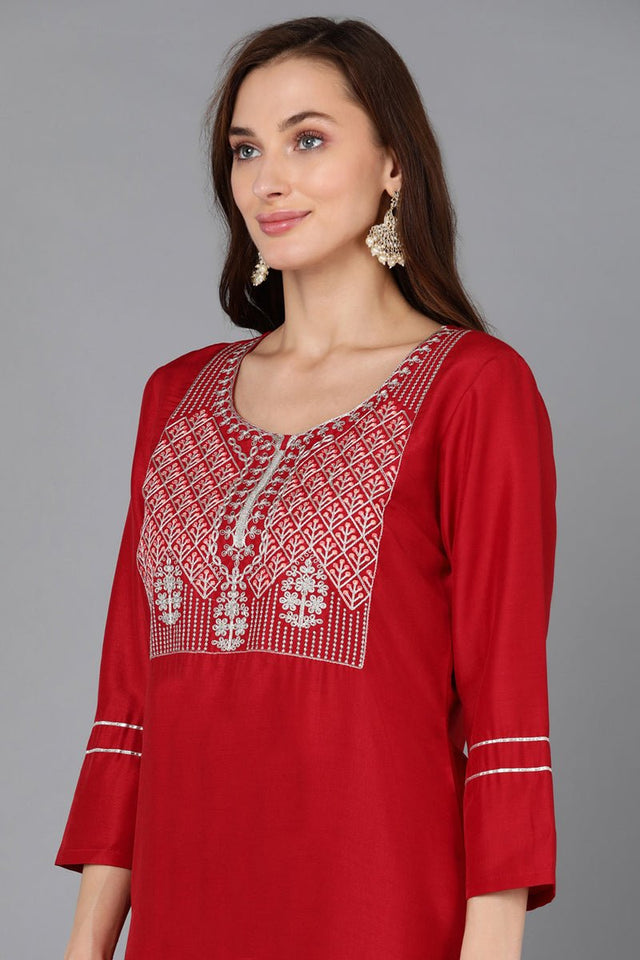 Red Silk Blend Straight Kurti Palazzo With Dupatta