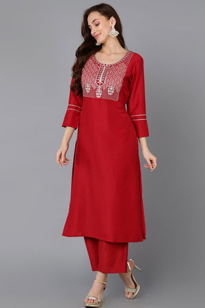 Red Silk Blend Straight Kurti Palazzo With Dupatta