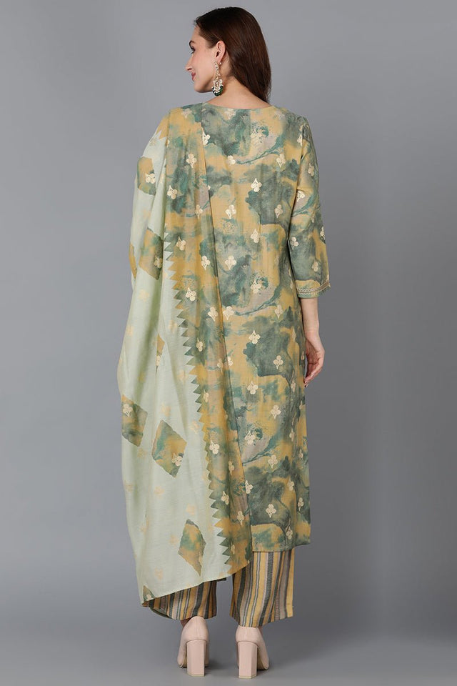 Yellow Silk Blend Straight Kurti Palazzo With Dupatta