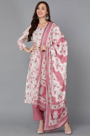 Off White Silk Blend Floral Straight Kurti Pant With Dupatta