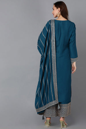 Teal Silk Blend Straight Kurti Palazzo With Dupatta