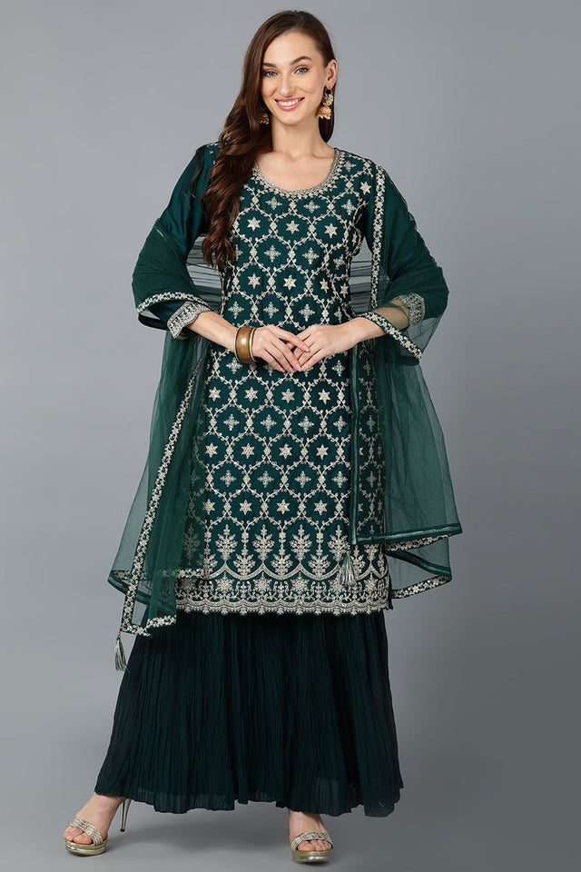 Green Silk Blend Embroidered Kurta Sharara With Dupatta