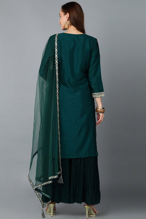 Green Silk Blend Embroidered Kurta Sharara With Dupatta