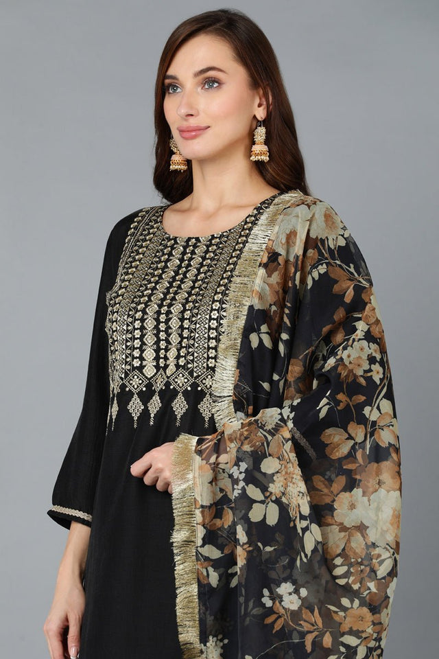 Black Silk Blend Yoke Design Kurti Pant With Dupatta