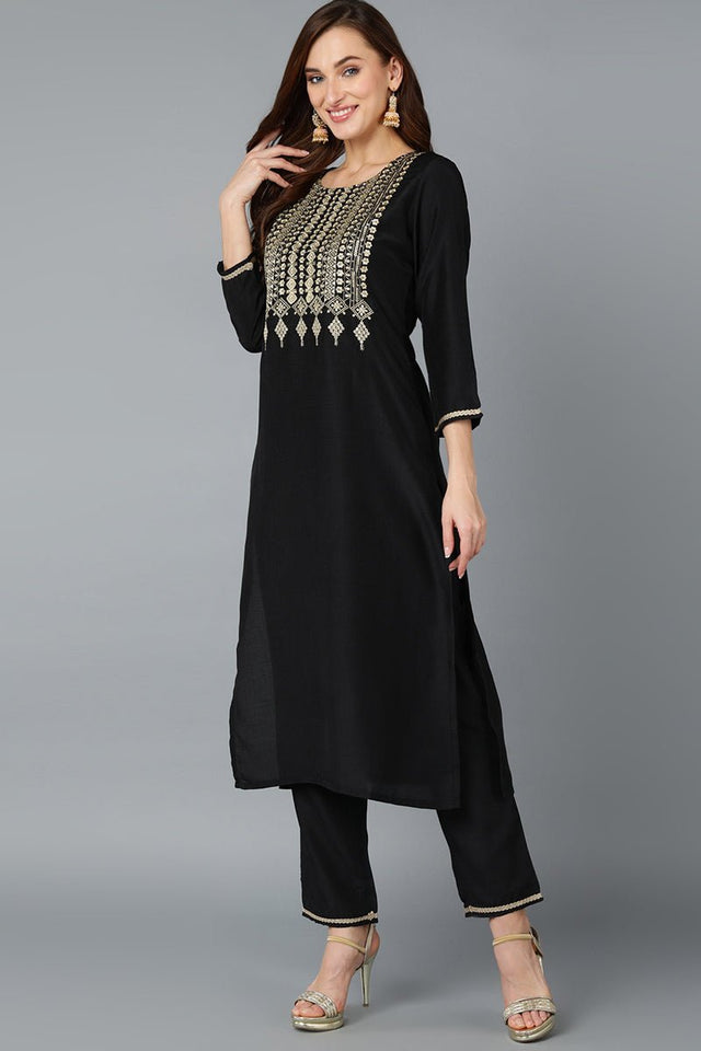 Black Silk Blend Yoke Design Kurti Pant With Dupatta