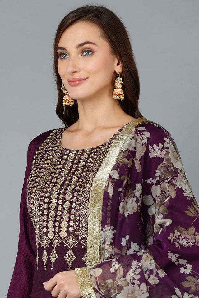 Purple Silk Blend Yoke Design Kurti Pant With Dupatta