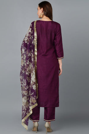 Purple Silk Blend Yoke Design Kurti Pant With Dupatta