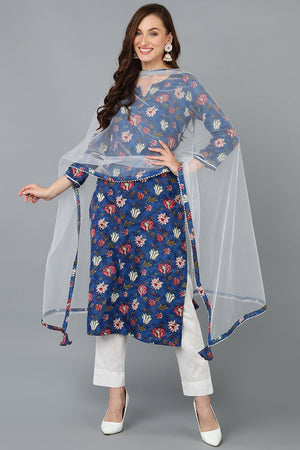 Blue Rayon Blend Printed Kurti Pant With Dupatta