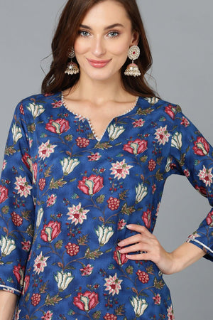 Blue Rayon Blend Printed Kurti Pant With Dupatta