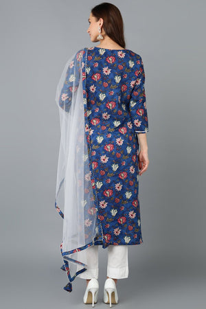 Blue Rayon Blend Printed Kurti Pant With Dupatta