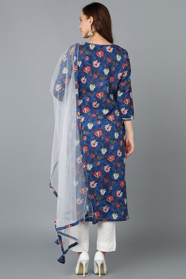 Blue Rayon Blend Printed Kurti Pant With Dupatta