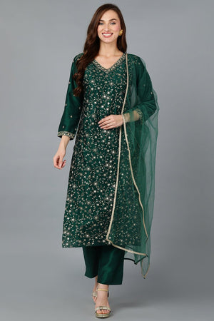 Green Silk Blend Embroidered Kurti Pant With Dupatta