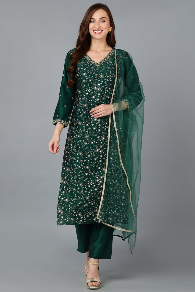 Green Silk Blend Embroidered Kurti Pant With Dupatta