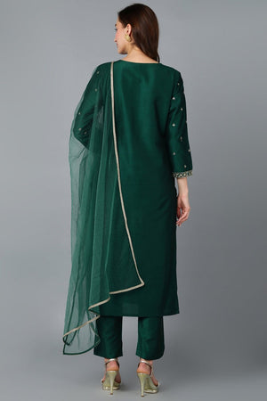Green Silk Blend Embroidered Kurti Pant With Dupatta