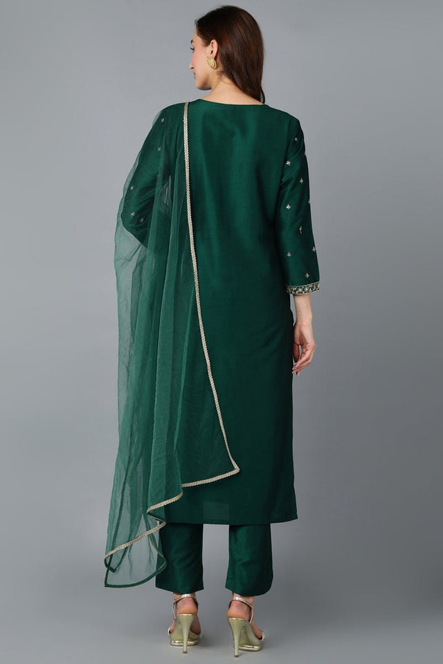 Green Silk Blend Embroidered Kurti Pant With Dupatta