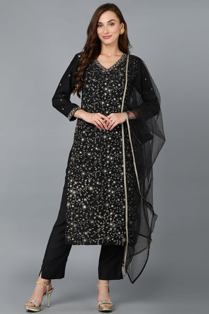 Black Silk Blend Embroidered Kurti Pant With Dupatta