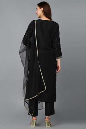 Black Silk Blend Embroidered Kurti Pant With Dupatta