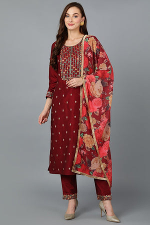 Maroon Silk Blend Embroidered Kurti Pant With Dupatta