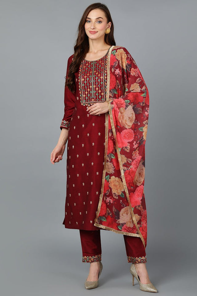 Maroon Silk Blend Embroidered Kurti Pant With Dupatta