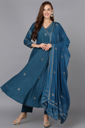 Teal Silk Blend Anarkali Woven Design Kurti Pant With Dupatta (N2ZPKSKD1919-S)