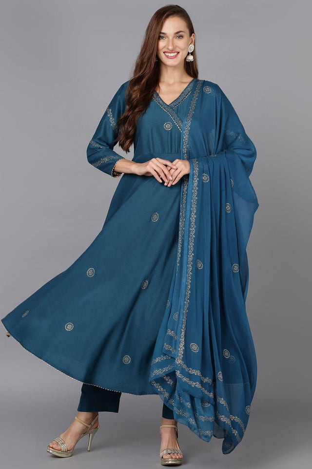 Teal Silk Blend Anarkali Woven Design Kurti Pant With Dupatta (N2ZPKSKD1919-S)