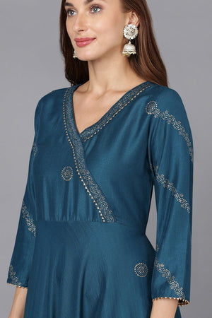 Teal Silk Blend Anarkali Woven Design Kurti Pant With Dupatta (N2ZPKSKD1919-S)