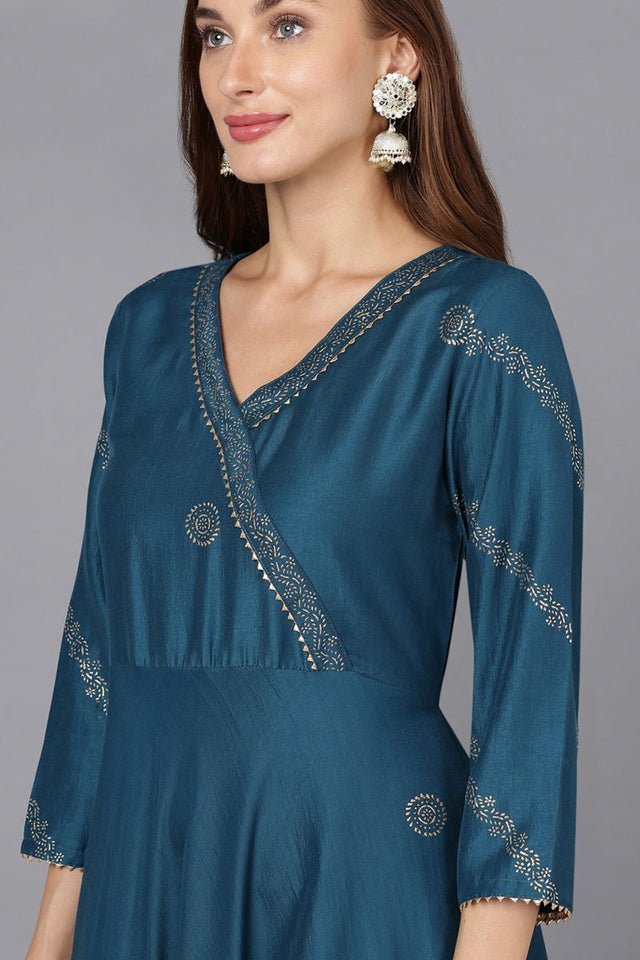 Teal Silk Blend Anarkali Woven Design Kurti Pant With Dupatta (N2ZPKSKD1919-S)