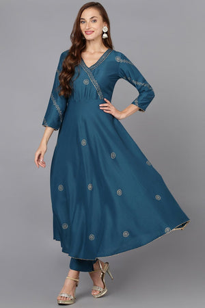 Teal Silk Blend Anarkali Woven Design Kurti Pant With Dupatta (N2ZPKSKD1919-S)