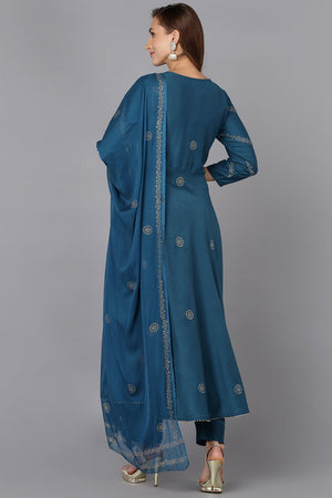 Teal Silk Blend Anarkali Woven Design Kurti Pant With Dupatta (N2ZPKSKD1919-S)