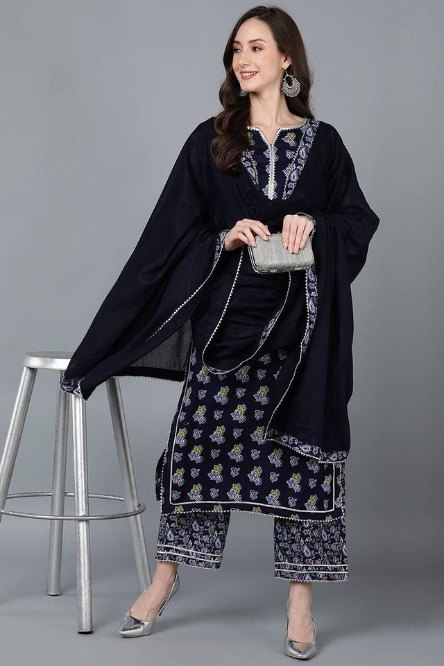 Navy Blue Cotton Straight Kurti Palazzo With Dupatta