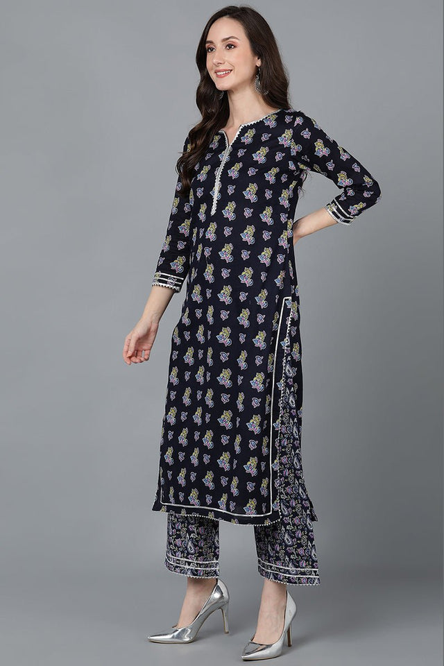 Navy Blue Cotton Straight Kurti Palazzo With Dupatta