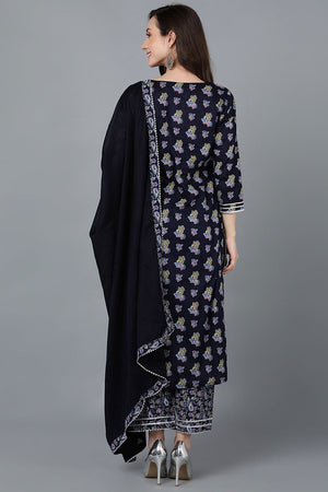 Navy Blue Cotton Straight Kurti Palazzo With Dupatta