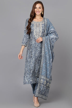 Grey Silk Blend Straight Kurti Pant With Dupatta